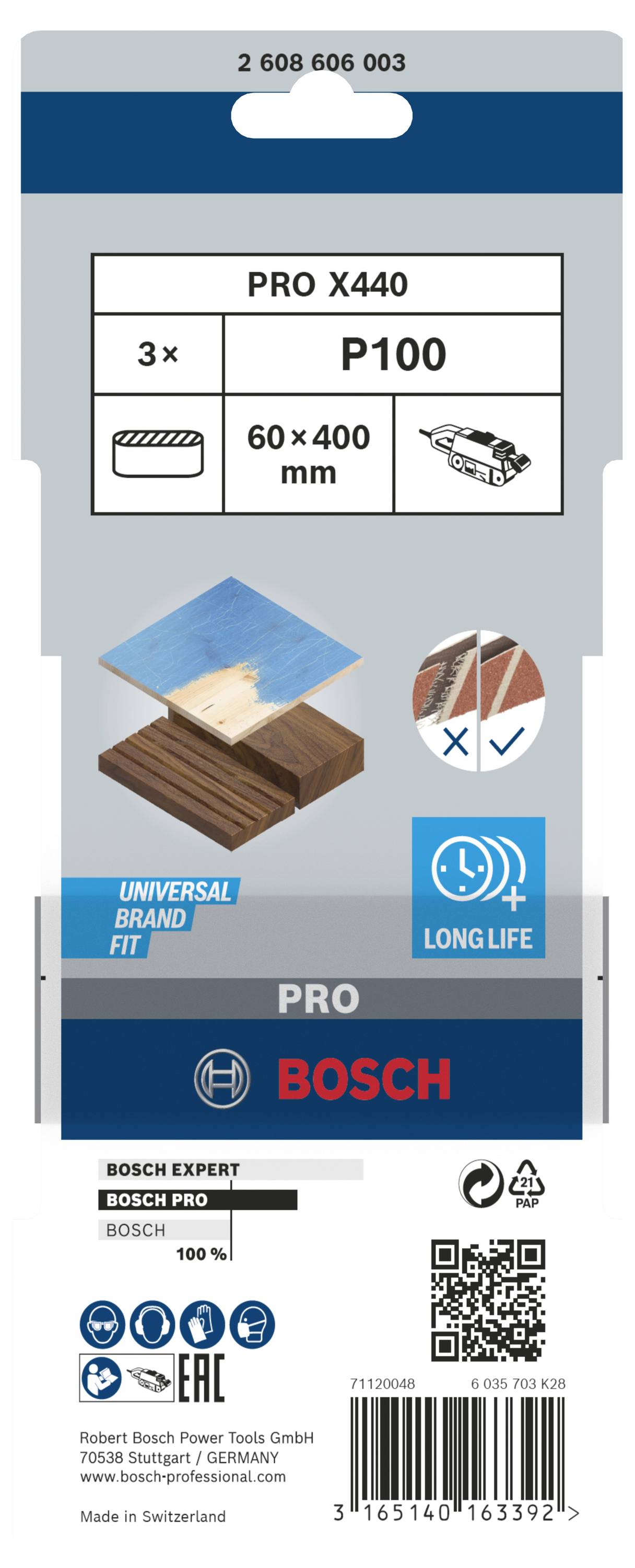 Schleifpapier-Set 'PRO X440', 3 Stück, Körnung P100, 60 x 400 mm, für Holz. Marke Bosch. Hergestellt in der Schweiz.