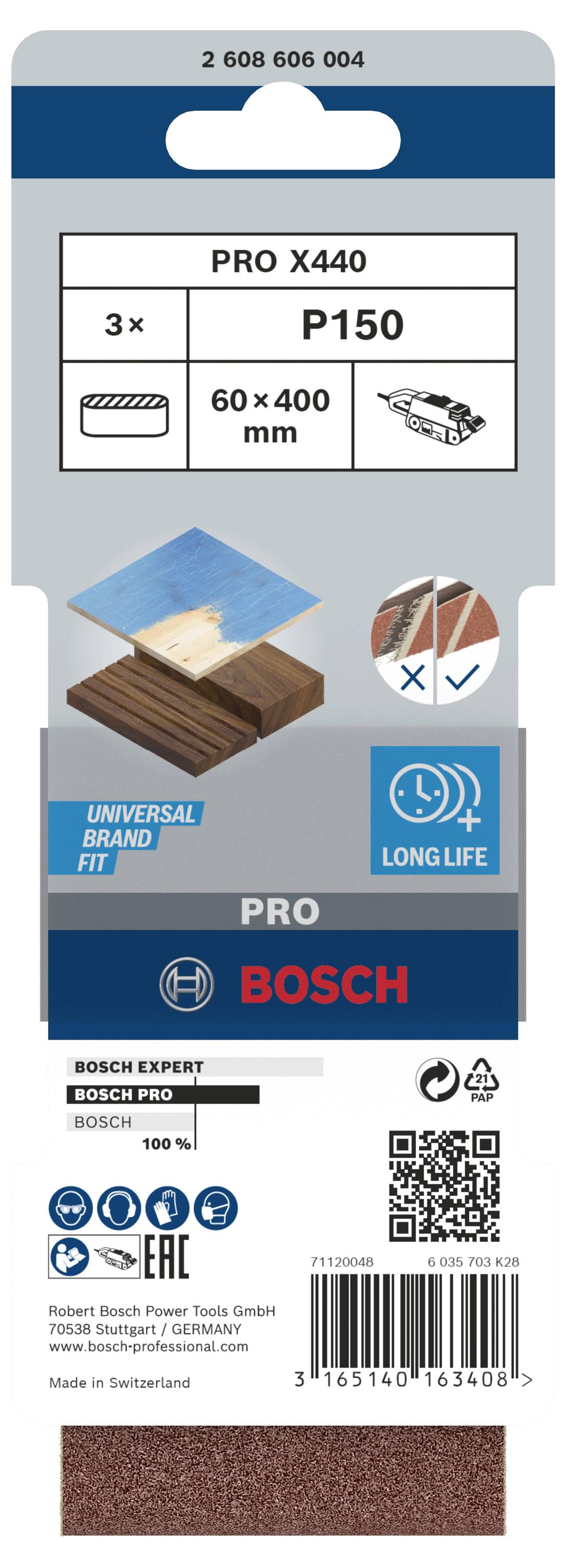 Verpackung eines Schleifpapiers 'Pro X440 P150' von Bosch, enthält 3 Stück mit Größe 60 x 400 mm. Hervorgehobene Merkmale: Lange Lebensdauer.