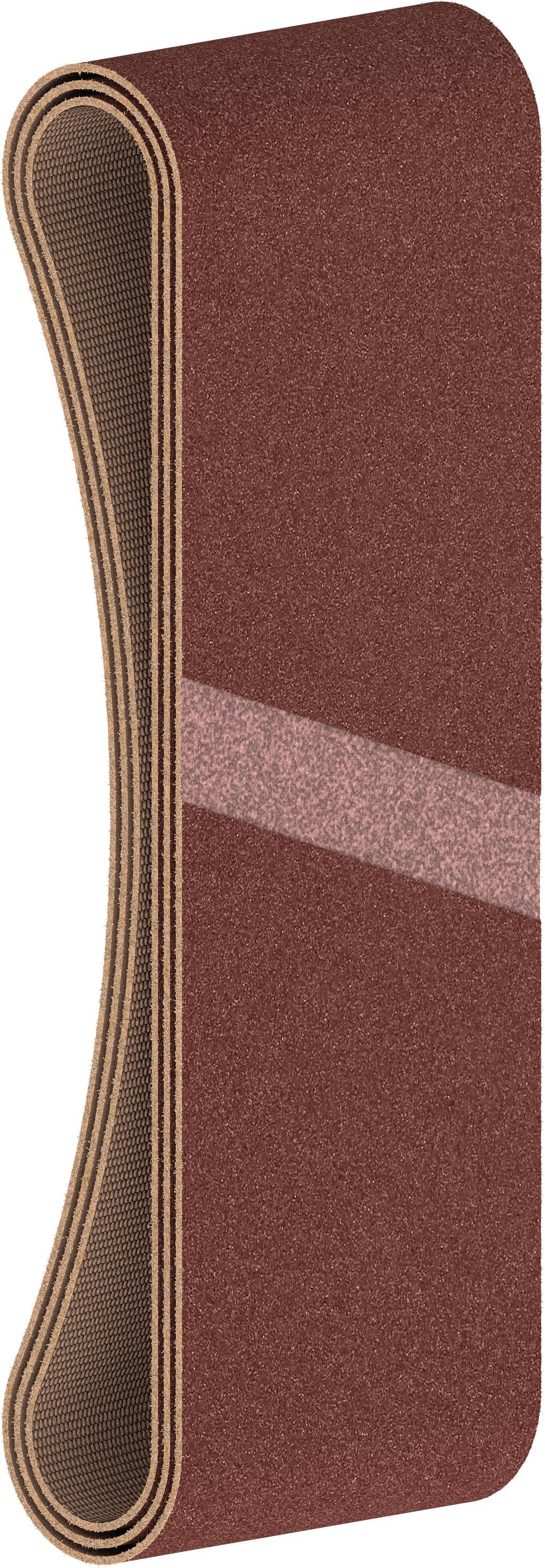 Nahaufnahme eines braunen Schleifbands, das zu einem endlosen Streifen geformt ist, zeigt die körnige Textur und gleichmäßige Breite.