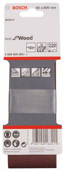 Ein Schleifblatt von Bosch, geeignet für Holzarbeiten, Maße 60 x 400 mm. Es zeigt Piktogramme für Anwendungsbereiche und ist 'Made in Switzerland'.