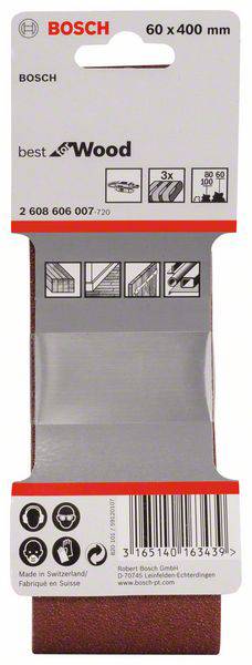 Schleifpapier von Bosch, geeignet für Holzarbeiten, Maße 60 x 400 mm. Verpackung zeigt Holzsymbole und Qualitätsmerkmale.