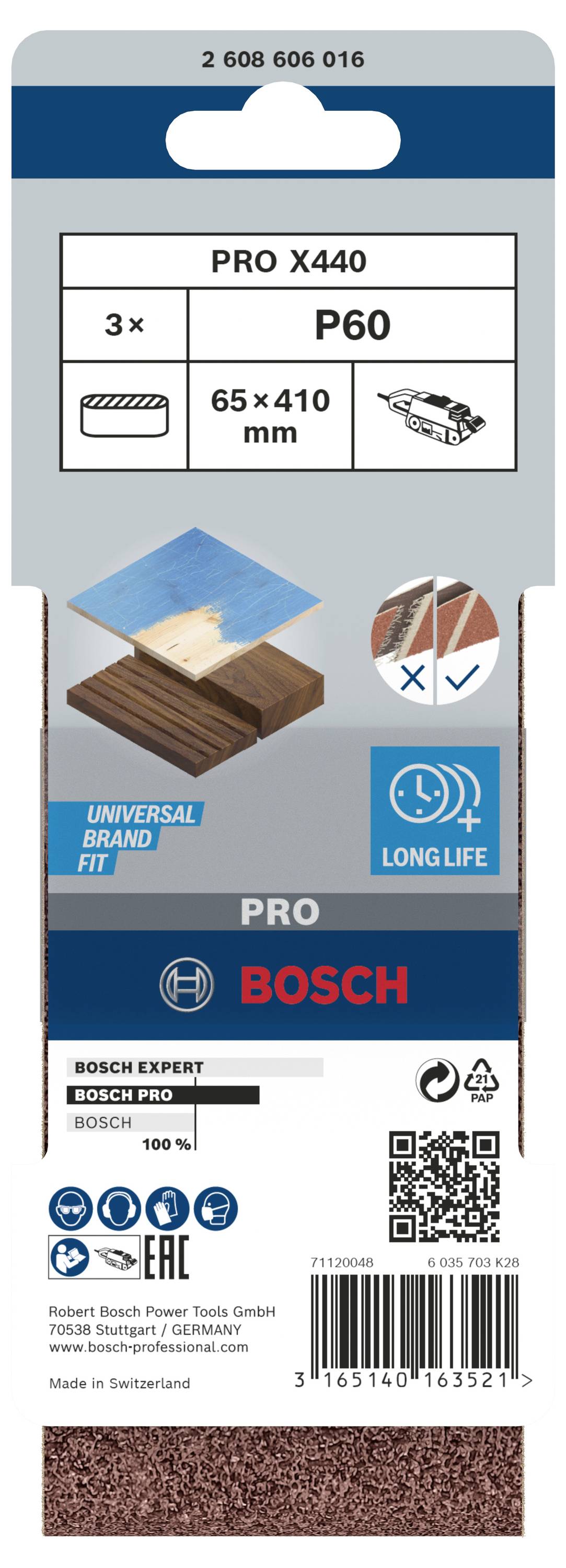 Verpackung für Bosch Schleifpapier Pro X440, Körnung P60, 3 Stück, 65 x 410 mm, zeigt Universalität, Langlebigkeit und passenden Einsatz.