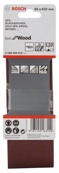 Bosch Schleifband, 65 x 410 mm, für Holz, 120 Körnung, geeignet für Marken wie AEG, Black & Decker, Holz Her, Kress, Metabo.