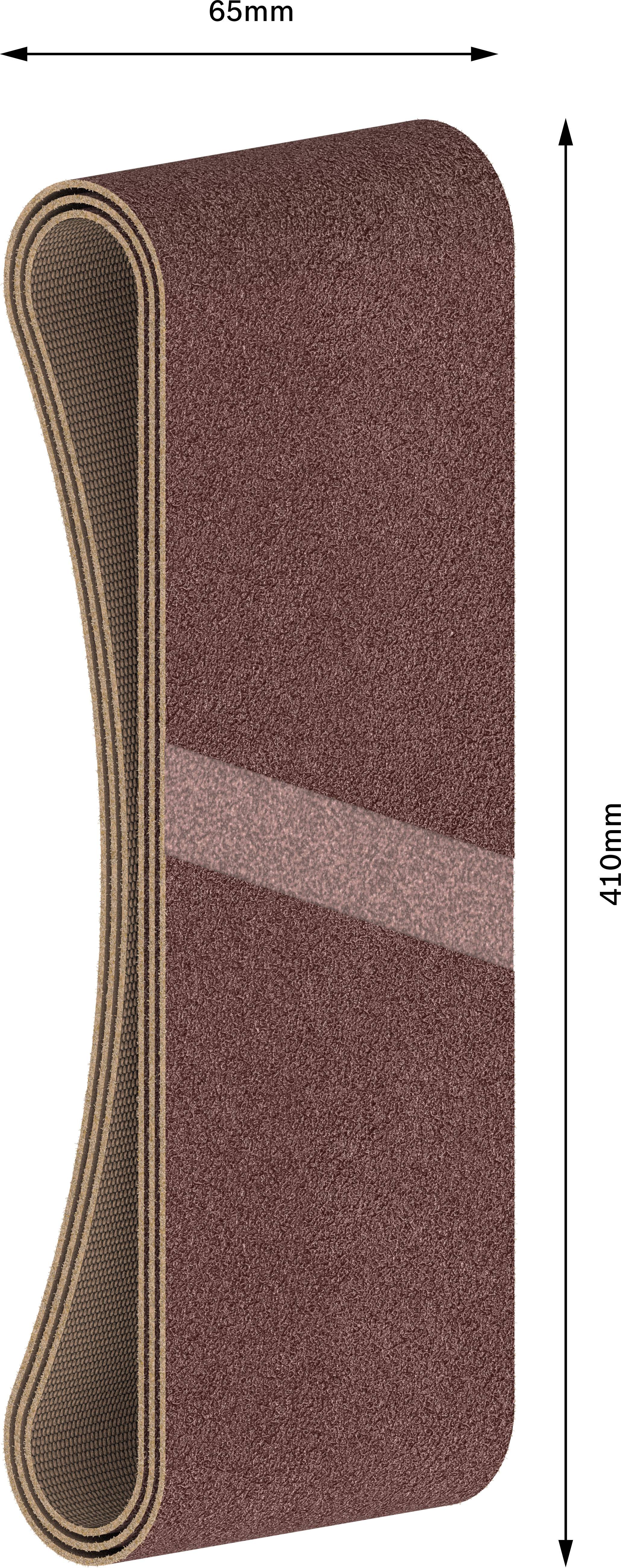 Schleifband in dunkelbraun, 65 mm breit und 410 mm lang, mit texturierter Oberfläche und hellerem diagonalen Streifen in der Mitte.