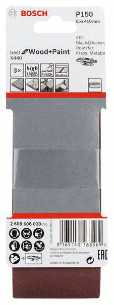 Schleifpapier von Bosch, 65x410mm, Körnung P150, geeignet für Holz und Farbe. Kompatibel mit AEG, Black&Decker, Holz-Her, Kress, Metabo.