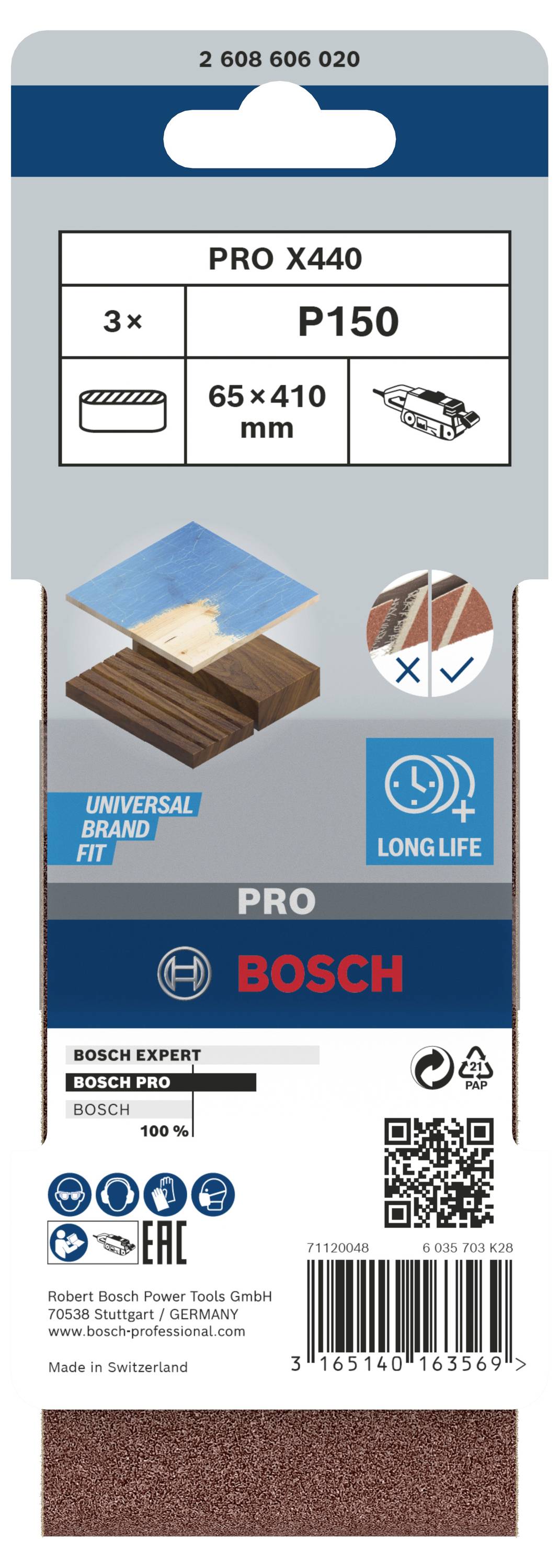 Verpackung eines Bosch PRO X440 Schleifmittels, Körnung P150, Größe 65 x 410 mm, drei Stück. Geeignet für Holz, lange Lebensdauer.