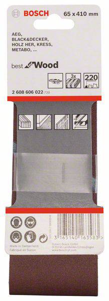 Schleifband von Bosch, 65 x 410 mm, Korn 220. Kompatibel mit Marken wie AEG, Black&Decker und Metabo. Geeignet für Holzarbeiten.