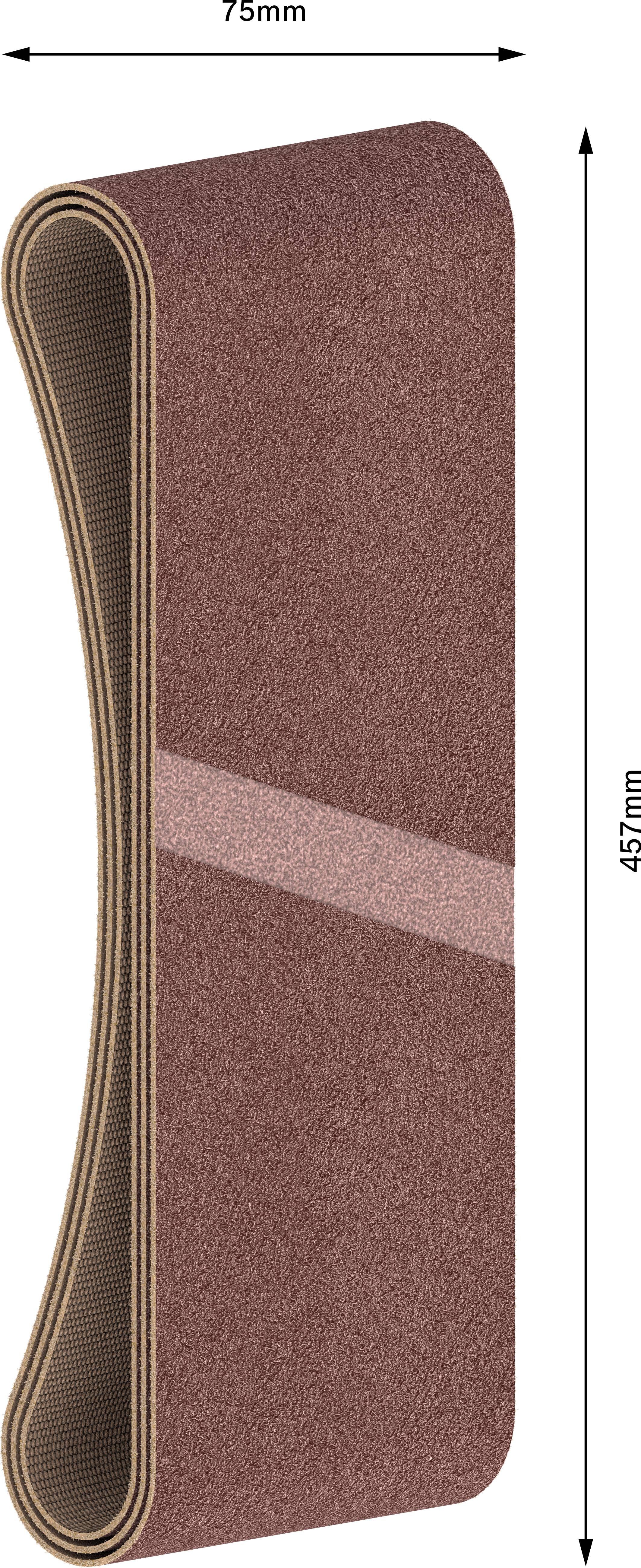 Schleifband, Maße 457 mm x 75 mm, aufrecht stehend.