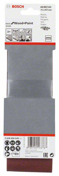 Schleifpapier-Set 'Bosch Wood+Paint', geeignet für Holz und Farbe. Körnung: 60/80/100, Größe: 75 x 457 mm.