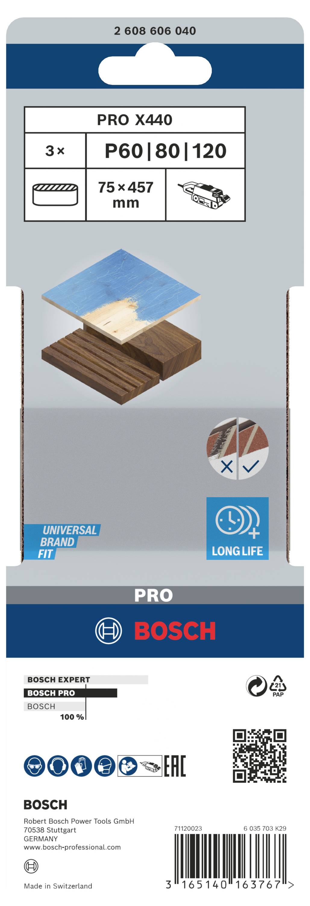 Packung Schleifpapier Bosch Pro X440 über Holz, 3 Stück: Körnung P60, P80, P120, Maße 75 x 457 mm, geeignet für Schwingschleifer.