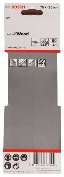 Verpackung eines Bosch Schleifbands, 75x480 mm, geeignet für Holz. Enthält Piktogramme zur Anwendung und eine Produktnummer.