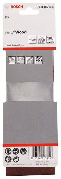 Verpackung von Bosch Schleifbändern, geeignet für Holz, 75 x 480 mm, Körnung 100, mit Icons für Anwendungsbereiche oben.