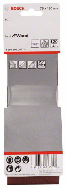 'Bosch Schleifband, 75 x 480 mm, Körnung 120, für Holz.' Verpackungsdesign zeigt Piktogramme zur Anwendung und Barcode.