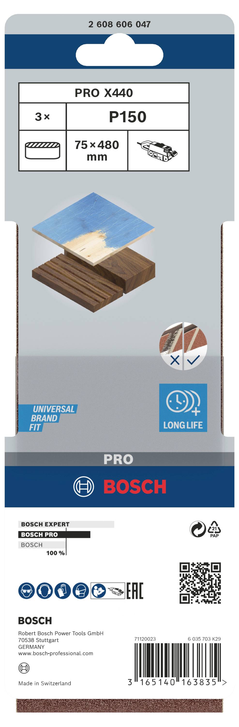 Bosch Schleifband P150, 75 x 480 mm, 3 Stück. Geeignet für Holz, Metall, Kunststoff. Langlebiges Material, universale Passform.