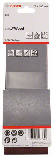 'Bosch' Schleifpapier. Maße: 75 x 480 mm. Geeignet für Holz. Enthält fünf Körnungen, Abbildungen zeigen Anwendungsbeispiele.