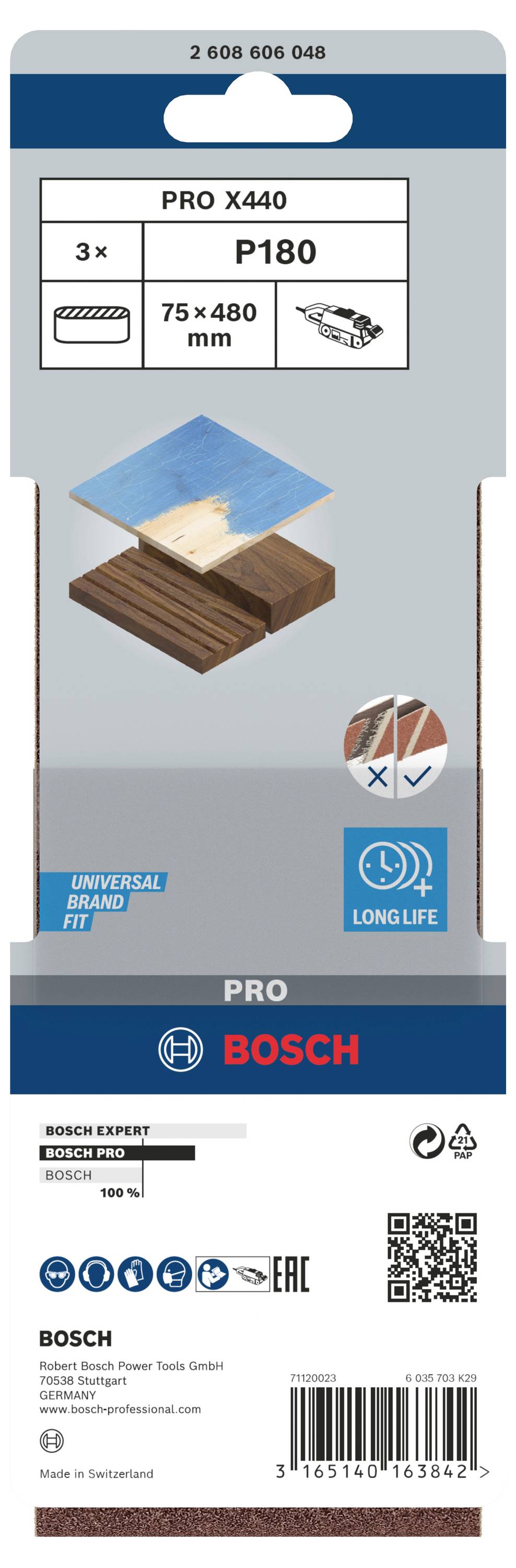 Schleifpapier-Produktverpackung mit Details: 3 Stück, Korn P180, Größe 75x480 mm, für Holz und Farbe, lange Lebensdauer, Marke Bosch.