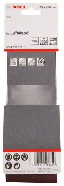 Schleifpapier von Bosch für Holz. Maße: 75 x 480 mm, 220 Körnung. Enthält Icons für Anwendungshinweise. Made in Switzerland.