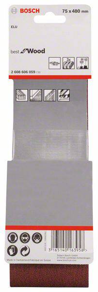 Schleifpapier-Verpackung von Bosch, Maße 75 x 480 mm, für Holz, mit Piktogrammen für Anwendungshinweise und Symbolen zur Sicherheit.