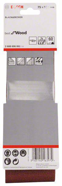 Schleifpapier von Bosch, Korn 60, 75 x 533 mm, geeignet für Holz. Verpackung zeigt Anwendungssymbole und Artikelnummer.