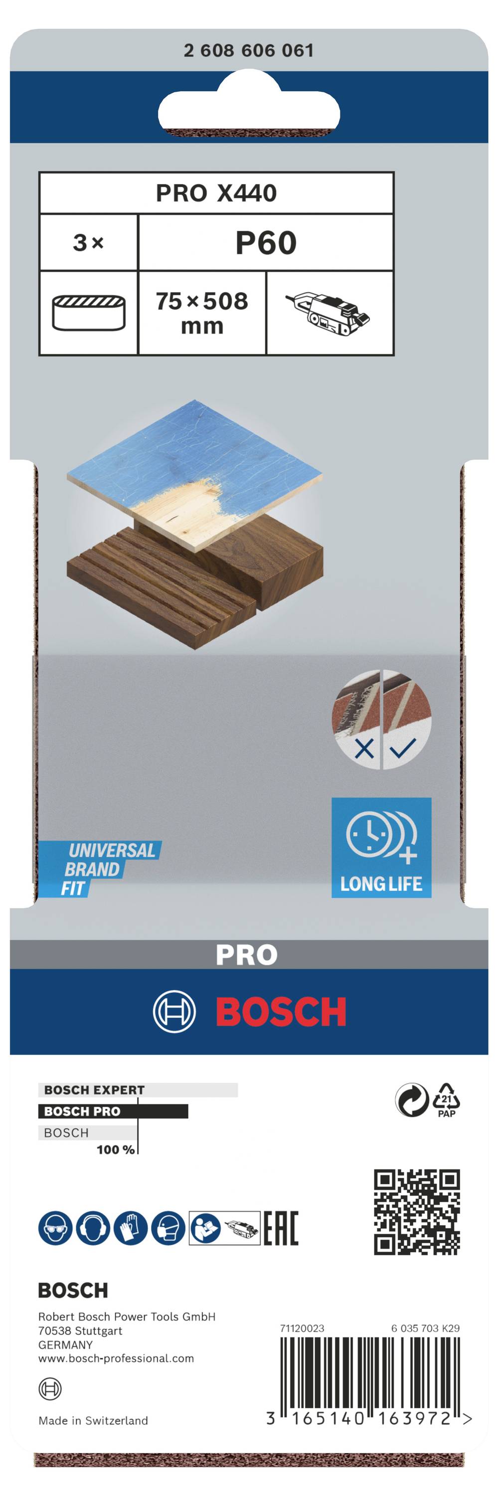 Pro X440 Schleifpapier P60, 3 Stück, 75 x 508 mm, geeignet für Holz, verbessert Leistung und Lebensdauer.