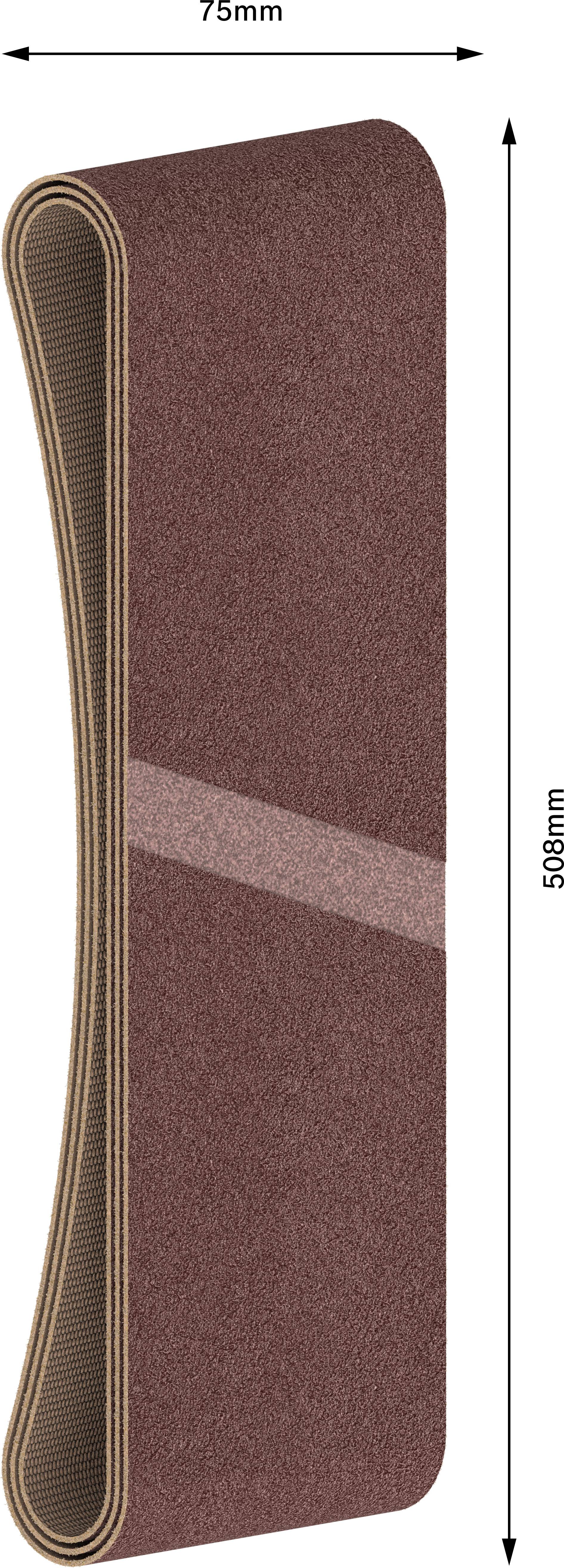Schleifband in brauner Farbe, 75 mm breit und 509 mm lang. Ideal für Schleifarbeiten in Werkstätten oder industriellen Anwendungen.