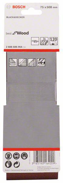 Verpackung eines Bosch Schleifbands, 75 x 508 mm, für Holz, zeigt Nutzungsmöglichkeiten, Körnung 120, kompatibel mit Black & Decker.
