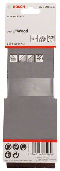 Verpackung eines Bosch Schleifbandes, 75 x 508 mm, für Holz. Abbildung zeigt Produktetiketten, Barcode und Anwendungspiktogramme.