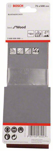 Verpackung für Schleifpapier, 75 x 508 mm. Enthält Piktogramme und Text: 'best for Wood', kompatibel mit BLACK&DECKER.