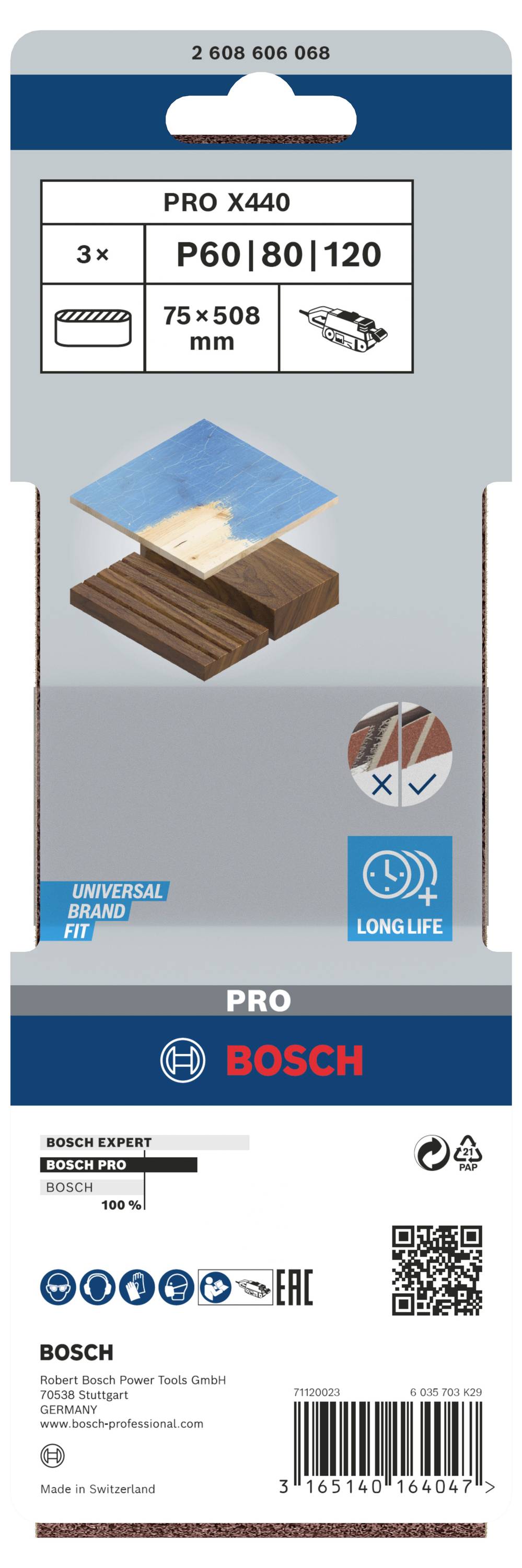 Verpackung einer Bosch-Schleifpapierpackung. Enthält drei Schleifblätter mit Körnungen P60, P80 und P120, Größe 75 x 508 mm.