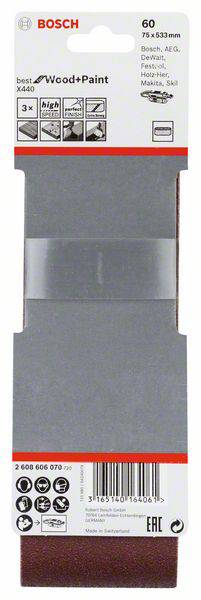 'Bosch' Schleifband, 75x533 mm, geeignet für Holz und Farbe. Enthält 3 Stück, Korn 60, hohe Festigkeit. Kompatibel mit diversen Marken.