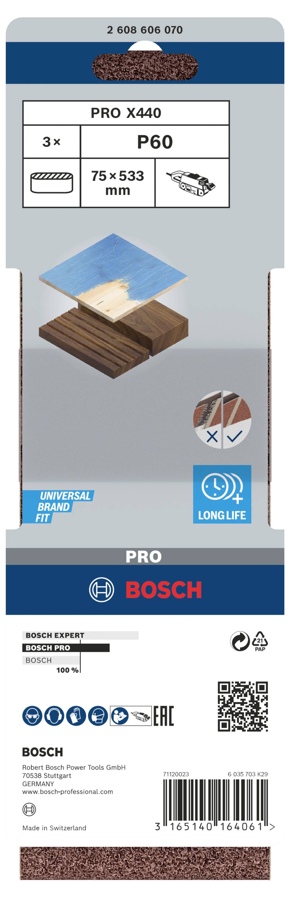 Schleifbandverpackung: Bosch PRO X440, Körnung P60, Größe 75 x 533 mm, geeignet für Holzbearbeitung. Lange Lebensdauer hervorgehoben.