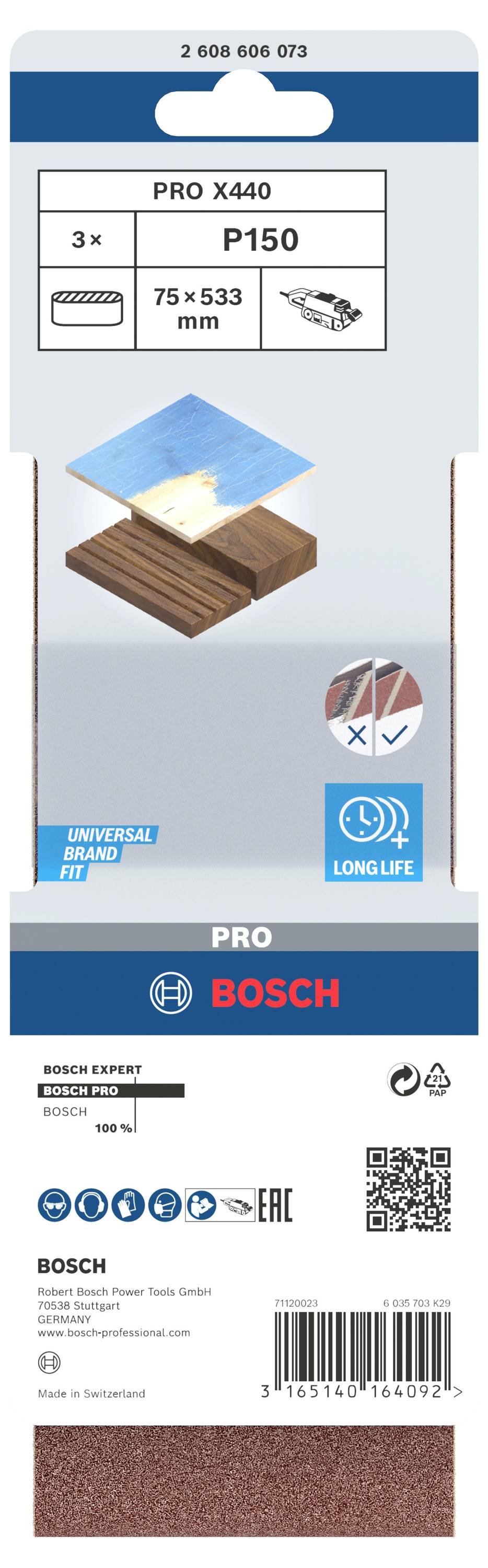 Paket mit drei Schleifblättern Bosch Pro X440 P150, 75 x 533 mm. Geeignet für Holz und Metall. Markierung 'Longlife'.