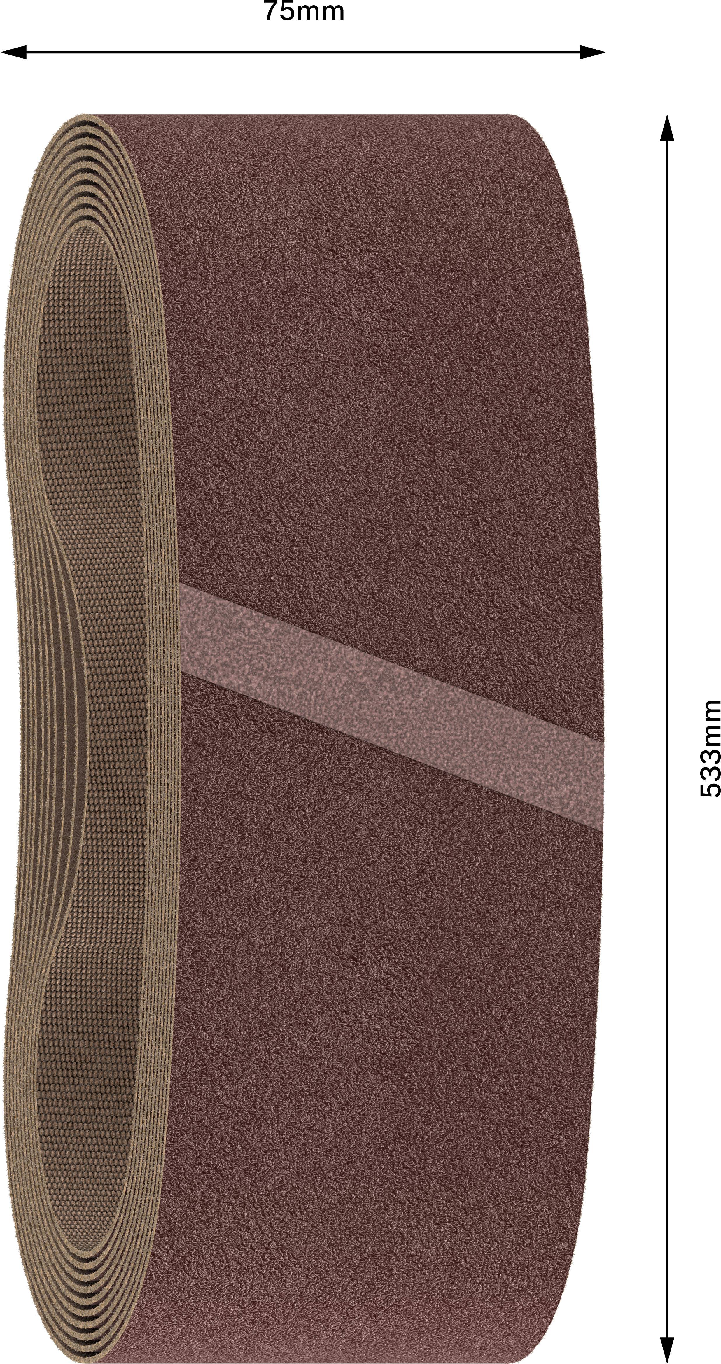 Schleifband in Schleifenform, Maße: 75 mm Breite, 533 mm Länge. Geeignet für Holz- und Metallarbeiten.