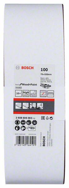 Schleifband von Bosch, 75x533 mm, Körnung 100, geeignet für Holz und Farbe. Verpackung zeigt Anwendungshinweise und Sicherheitszeichen.