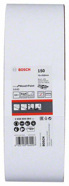 Bosch Schleifband Rolle, 75 x 533 mm, Serie 'Wood+Paint', Körnung 150, geeignet für Holz und Farbe, enthält 10 Stück.