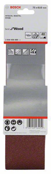 Schleifpapier von Bosch für Holz, Maße 75 x 610 mm, Korn 40, geeignet für verschiedene Schleifarbeiten, kompatibel mit HITACHI, MAKITA, RYOBI.