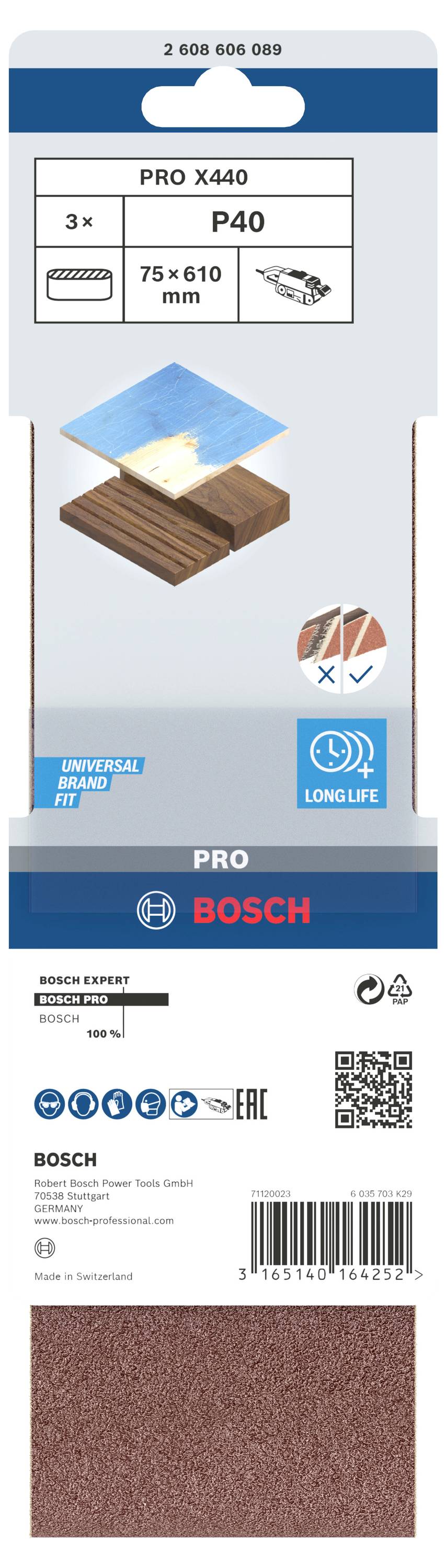 Sandpapier Bosch PRO X440, Körnung P40, 75 x 610 mm, Packung mit 3 Stk. Geeignet für Holz, langanhaltend.
