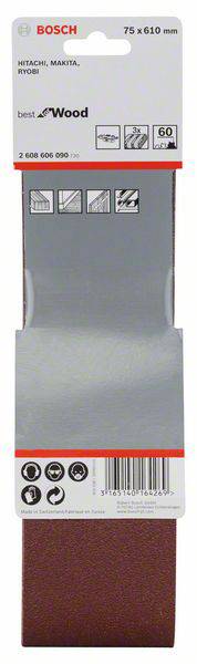 Schleifband von Bosch, 75 x 610 mm, geeignet für Holz. Enthält 5 Bänder, Körnung 60. Kompatibel mit Hitachi, Makita, Ryobi.