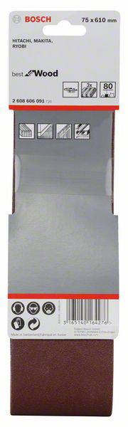 'Bosch' Schleifband für Hitachi, Makita, Ryobi, Maße: 75x610 mm, geeignet für Holz, Körnung 80, Packung mit Abbildungen zur Anwendung.