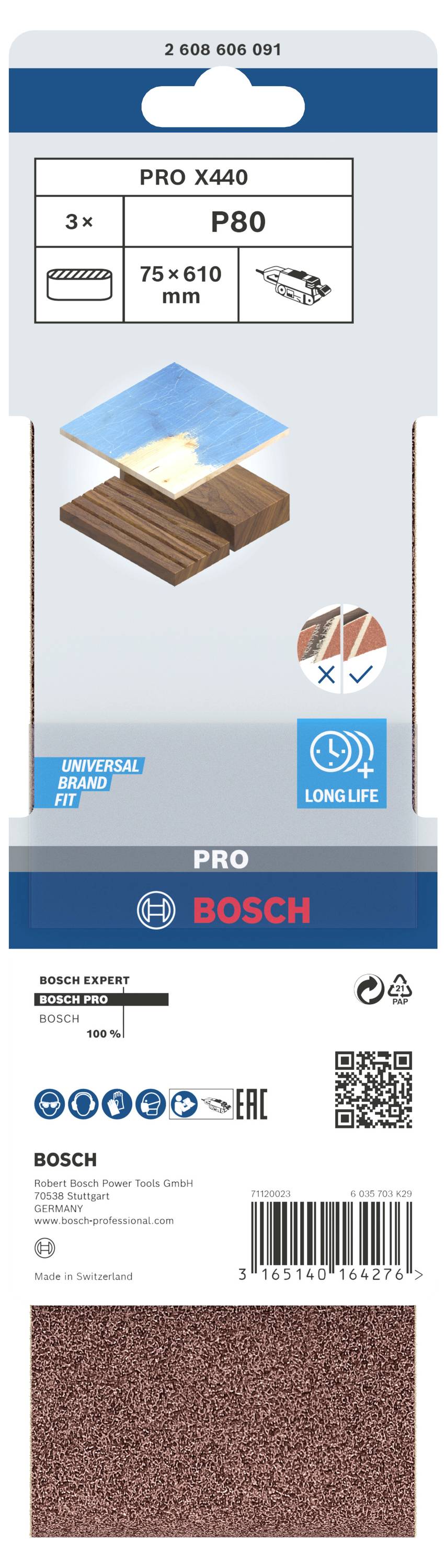 Bosch Schleifbänder PRO X440 P80, 75x610mm, 3 Stück. Geeignet für Holz und Metall. Illustration eines Schleifvorgangs. Longlife-Qualität.
