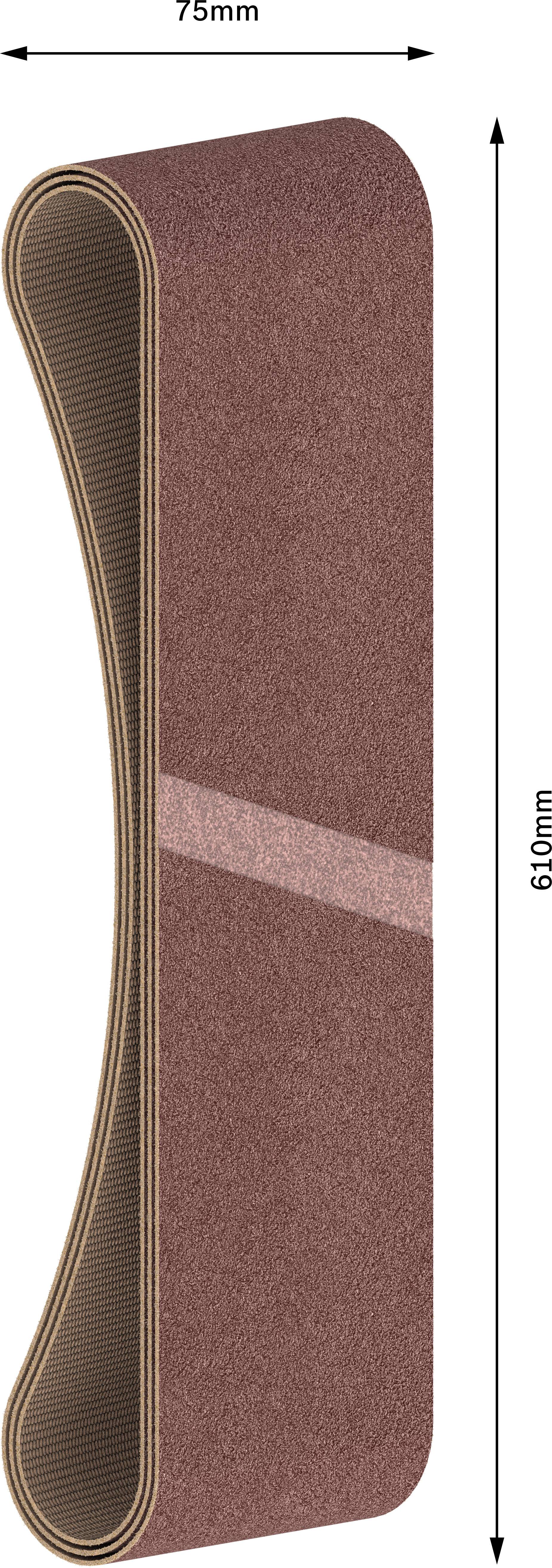 Abbildung eines Schleifbands mit den Maßen 75 mm Breite und 610 mm Länge.