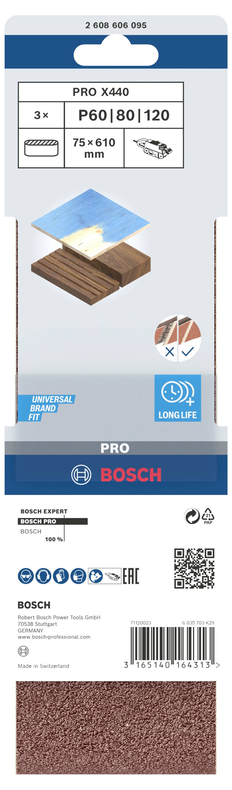 Eine Packung Schleifpapier von Bosch 'PRO X440' mit Körnungen P60, P80, P120 für Holz. Maße: 75 x 610 mm, 3 Stück.