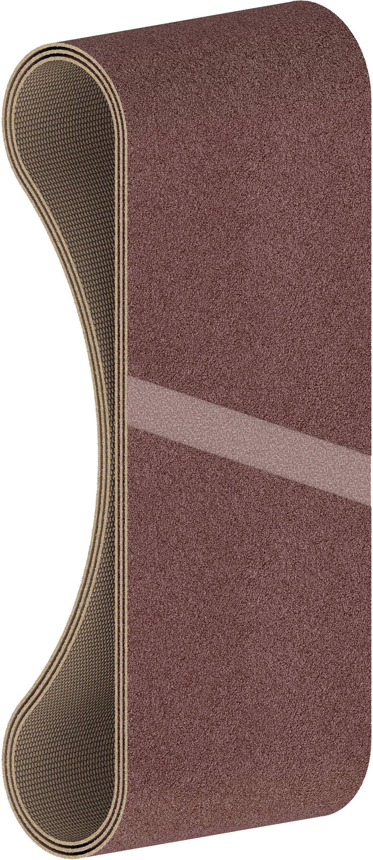 Braunes Schleifband in geschwungener Form, geeignet für Bandschleifer. Oberfläche aus grobem Schleifmaterial zur Holzbearbeitung.