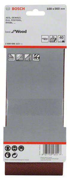 'Bosch' Schleifbandverpackung für Holz, geeignet für diverse Schleifmaschinen. Maße: 100 x 560 mm. Enthält 4 Schleifbänder.