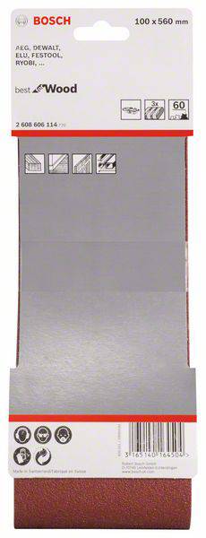 'Bosch Schleifband 100 x 560 mm für Holz' zeigt Kompatibilität mit Marken wie AEG und Ryobi sowie Piktogramme zu Anwendungsmöglichkeiten.