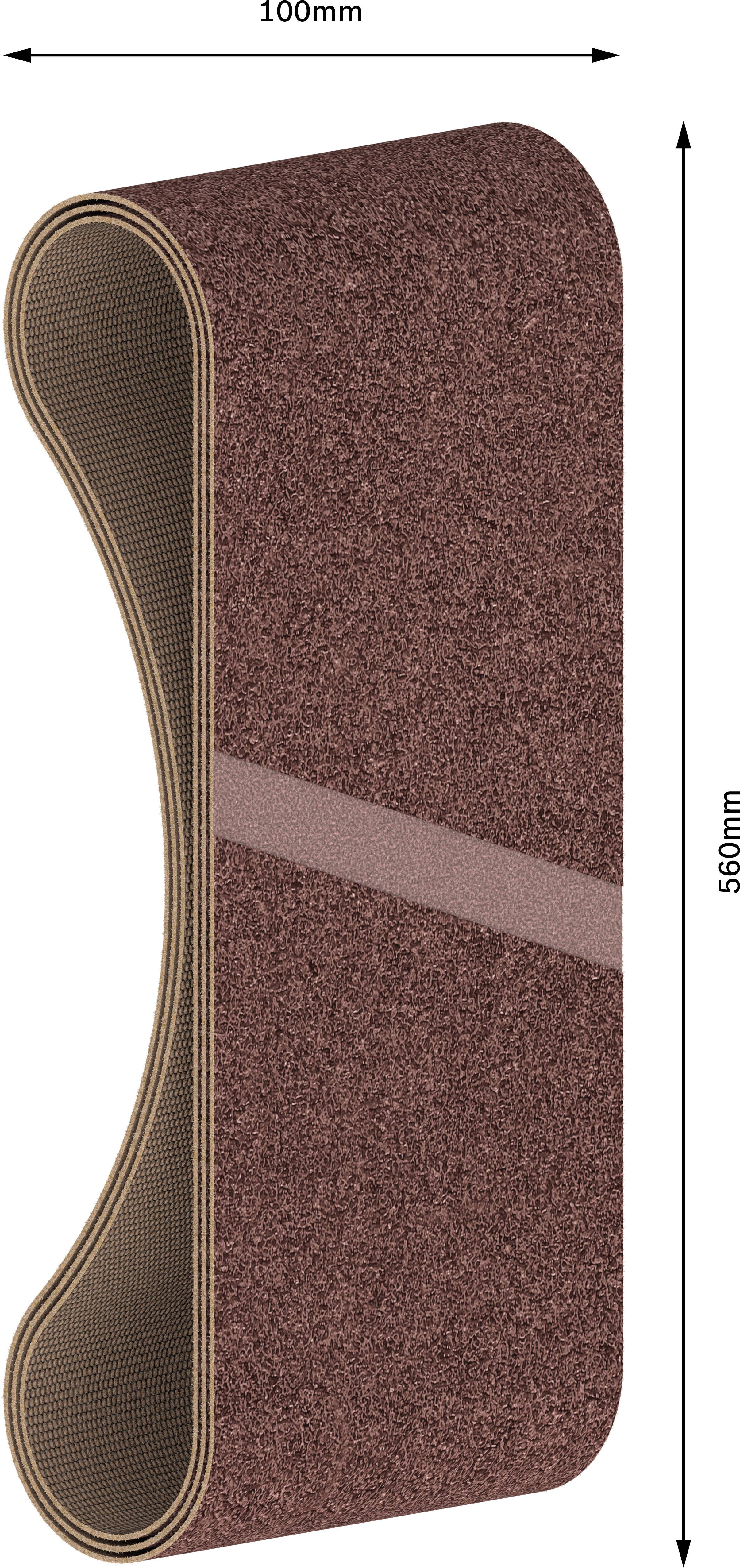 Abbildung eines Schleifgürtels mit den Maßen 100 mm Breite und 610 mm Länge. Der Gürtel hat eine braune, körnige Textur.