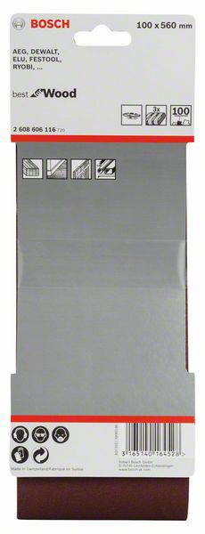 Schleifpapier der Marke Bosch für Holz; Maße: 100 x 560 mm; kompatibel mit AEG, Dewalt, Elu, Festool, Ryobi.