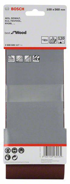 Bosch Schleifband 100 x 560 mm für Holz. Kompatibel mit AEG, DeWalt, Festool, Ryobi. Körnung 120.