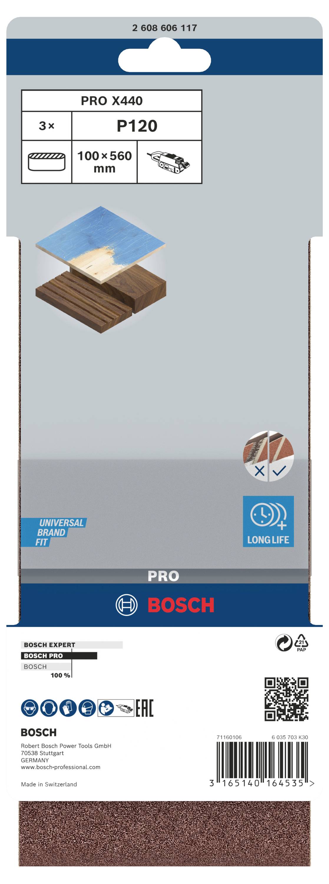 Schleifpapierverpackung von Bosch. Enthält 3 Stücke, Körnung P120. Größe: 100 x 560 mm. Geeignet für Holz. Lange Lebensdauer.