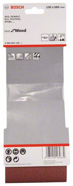 Verpackung einer Schleifpapierrolle der Marke Bosch, geeignet für verschiedene Marken und Anwendungen. Maße: 100 x 560 mm.